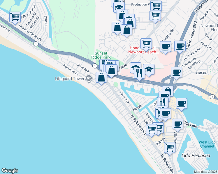 map of restaurants, bars, coffee shops, grocery stores, and more near 132 45th Street in Newport Beach