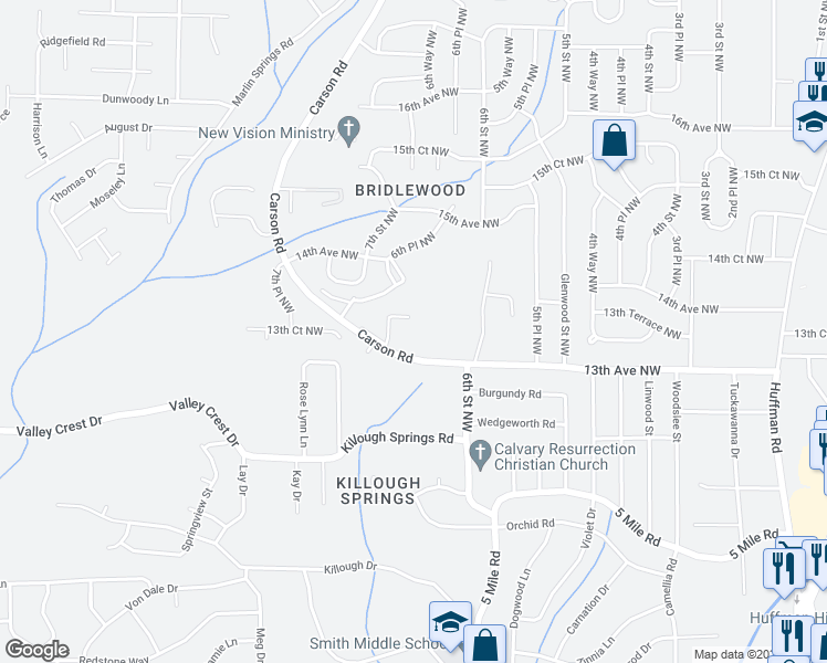 map of restaurants, bars, coffee shops, grocery stores, and more near 1375 Carson Road in Birmingham