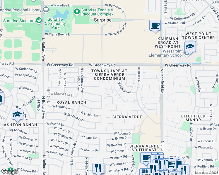 map of restaurants, bars, coffee shops, grocery stores, and more near 14228 West Country Gables Drive in Surprise