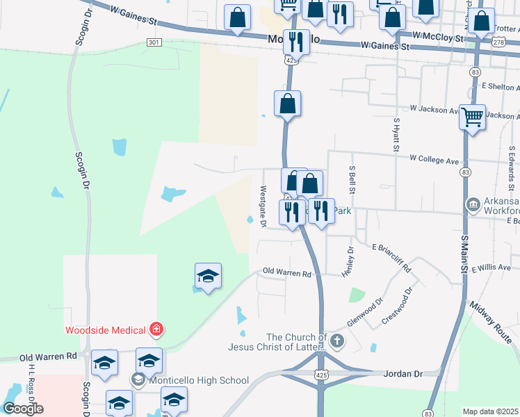 map of restaurants, bars, coffee shops, grocery stores, and more near 187 Westgate Drive in Monticello