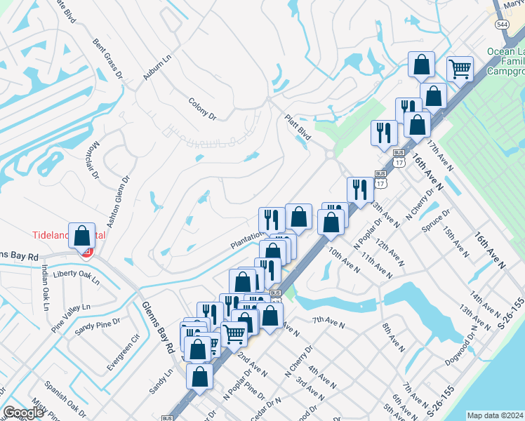 map of restaurants, bars, coffee shops, grocery stores, and more near 378 Rycola Circle in Surfside Beach