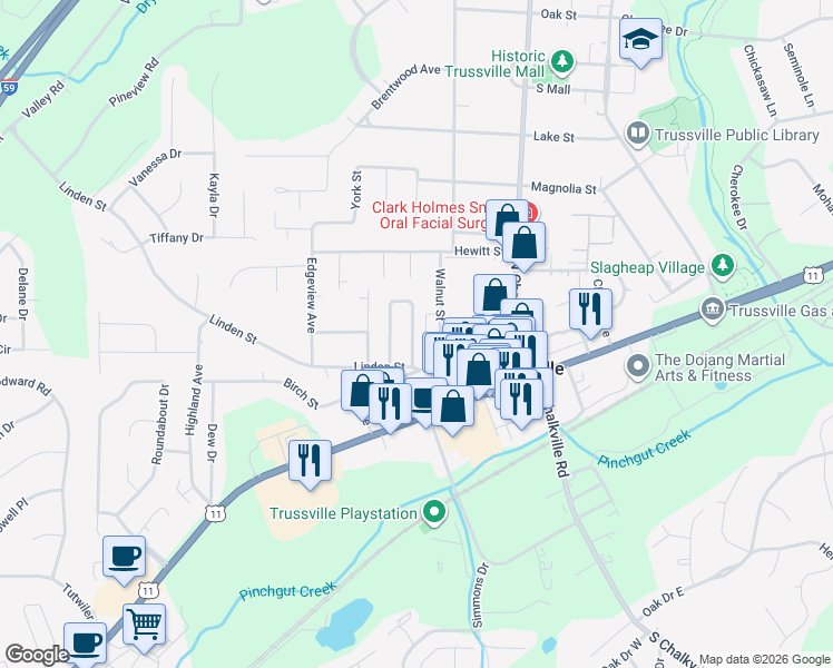 map of restaurants, bars, coffee shops, grocery stores, and more near 174 Charleston Way in Trussville