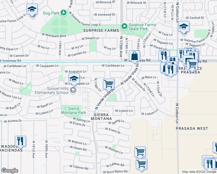 map of restaurants, bars, coffee shops, grocery stores, and more near 17615 West Port Royale Lane in Surprise