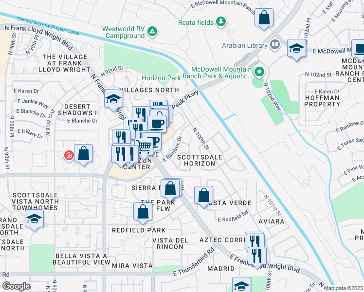 map of restaurants, bars, coffee shops, grocery stores, and more near 9739 East Karen Drive in Scottsdale
