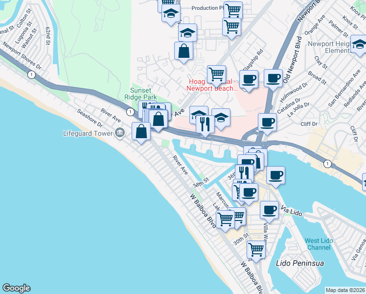 map of restaurants, bars, coffee shops, grocery stores, and more near 7 Balboa Coves in Newport Beach