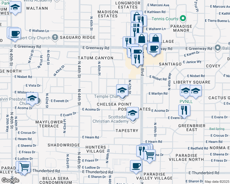 map of restaurants, bars, coffee shops, grocery stores, and more near 14802 North 46th Place in Phoenix
