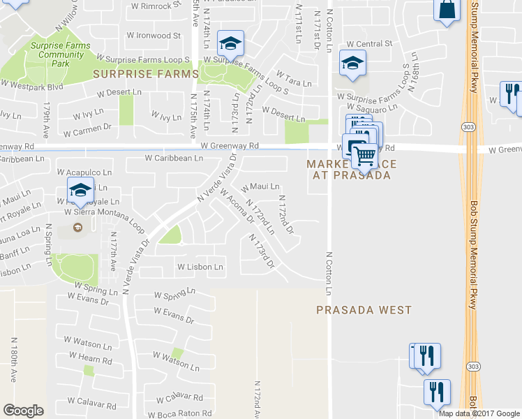 map of restaurants, bars, coffee shops, grocery stores, and more near 15023 North 172nd Lane in Surprise
