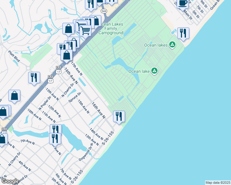 map of restaurants, bars, coffee shops, grocery stores, and more near 1339 Dolphin Drive in Myrtle Beach