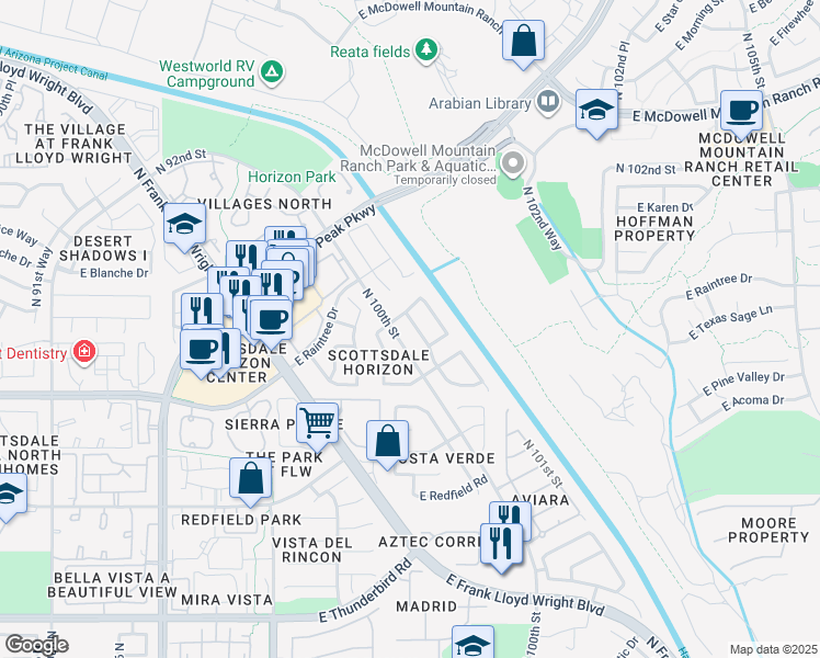 map of restaurants, bars, coffee shops, grocery stores, and more near 14832 North 100th Place in Scottsdale