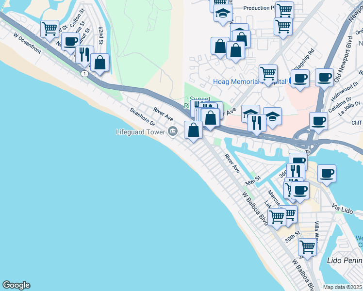 map of restaurants, bars, coffee shops, grocery stores, and more near 4609 Seashore Drive in Newport Beach