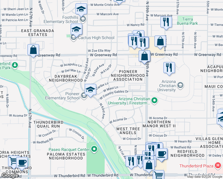 map of restaurants, bars, coffee shops, grocery stores, and more near 6085 West Maui Lane in Glendale