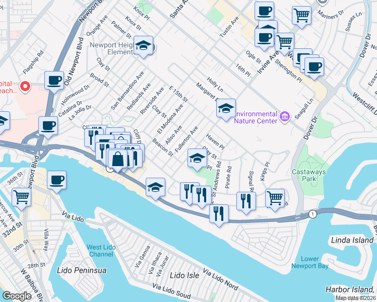 map of restaurants, bars, coffee shops, grocery stores, and more near 427 Irvine Avenue in Newport Beach