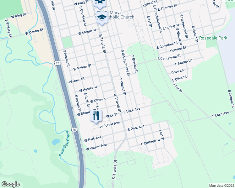 map of restaurants, bars, coffee shops, grocery stores, and more near 1443 South Travis Street in Sherman