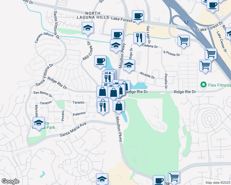 map of restaurants, bars, coffee shops, grocery stores, and more near Moulton Parkway & Ridge Route Drive in Laguna Hills