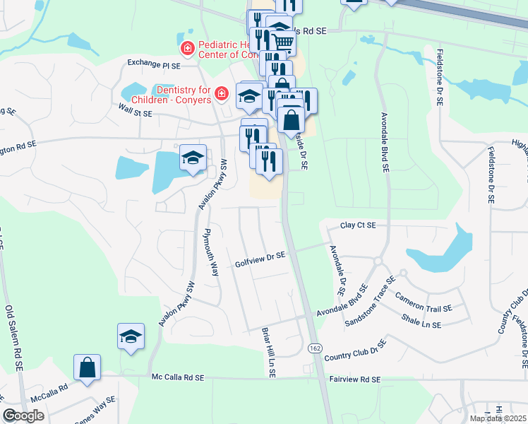 map of restaurants, bars, coffee shops, grocery stores, and more near 2131 Fairway Court Southeast in Conyers