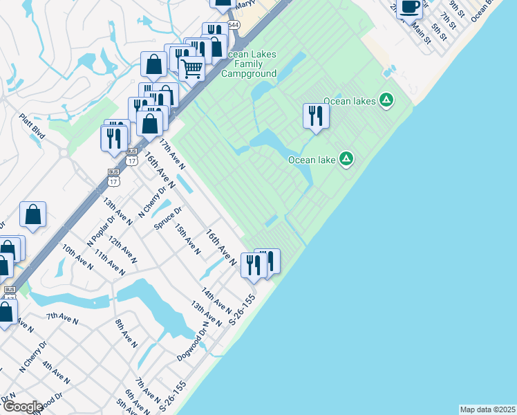 map of restaurants, bars, coffee shops, grocery stores, and more near 1339 Dolphin Drive in Myrtle Beach
