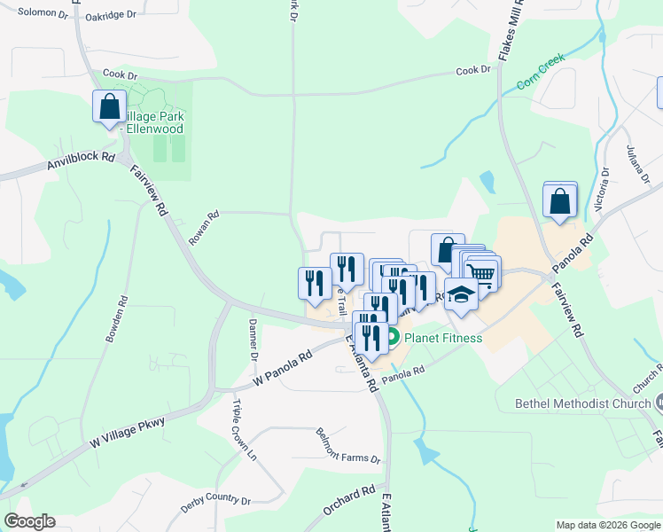 map of restaurants, bars, coffee shops, grocery stores, and more near 395 Santa Fe Trail in Ellenwood