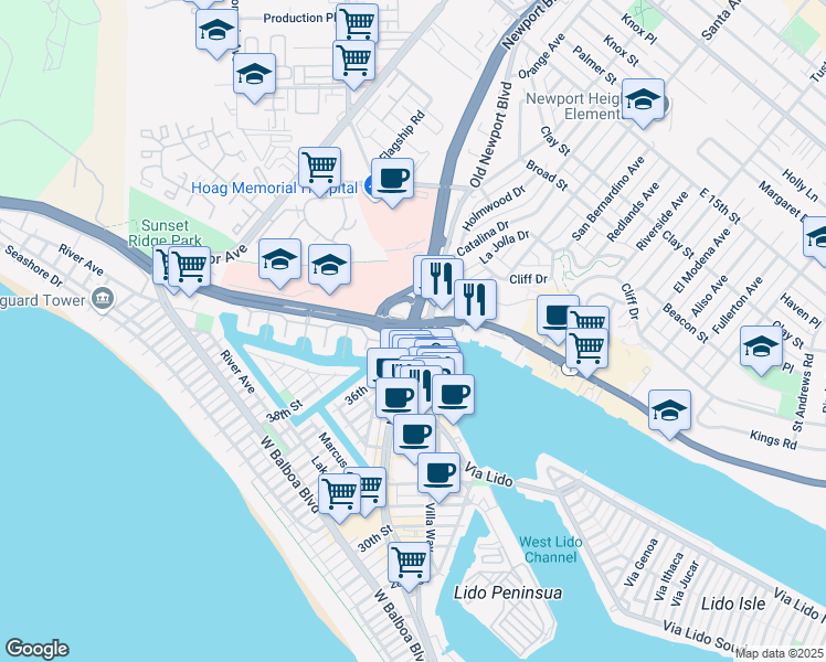 map of restaurants, bars, coffee shops, grocery stores, and more near 206 Newport Boulevard in Newport Beach