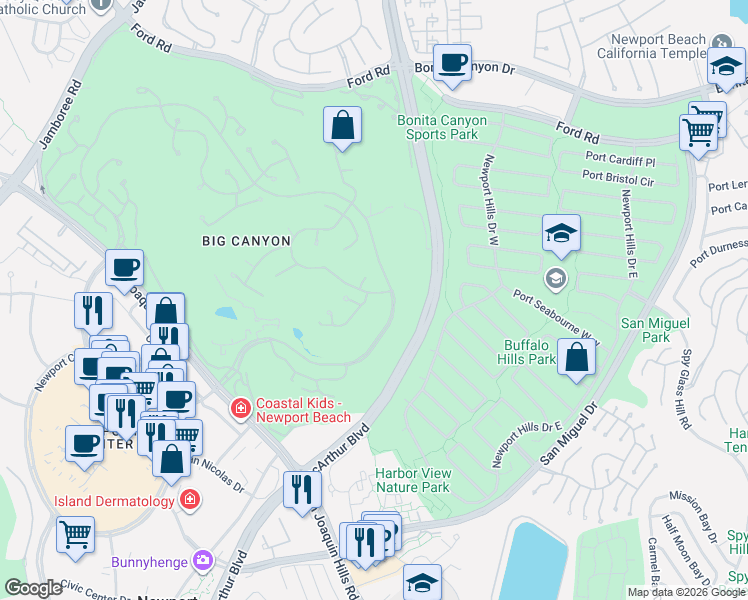 map of restaurants, bars, coffee shops, grocery stores, and more near 22 Cypress Point Lane in Newport Beach
