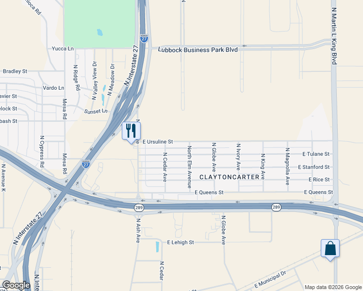map of restaurants, bars, coffee shops, grocery stores, and more near 316 East Ursuline Street in Lubbock