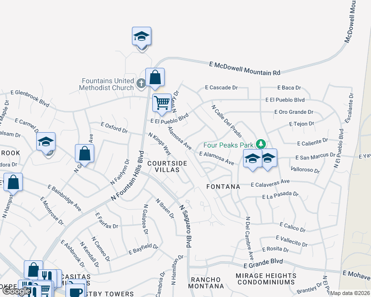 map of restaurants, bars, coffee shops, grocery stores, and more near 16920 Alamosa Avenue in Fountain Hills