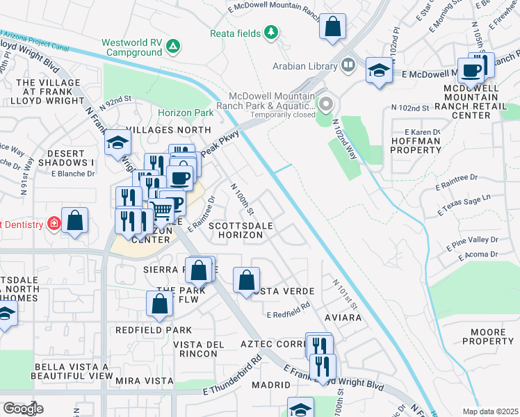 map of restaurants, bars, coffee shops, grocery stores, and more near 14832 North 100th Place in Scottsdale