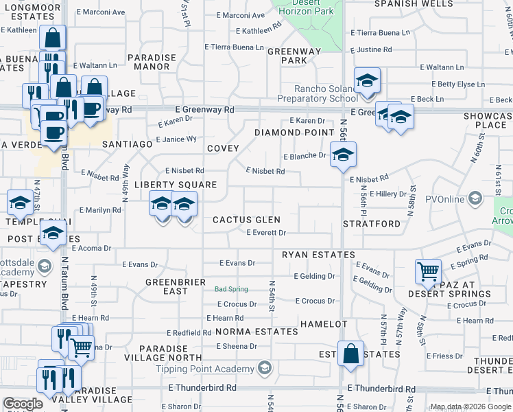 map of restaurants, bars, coffee shops, grocery stores, and more near in Phoenix