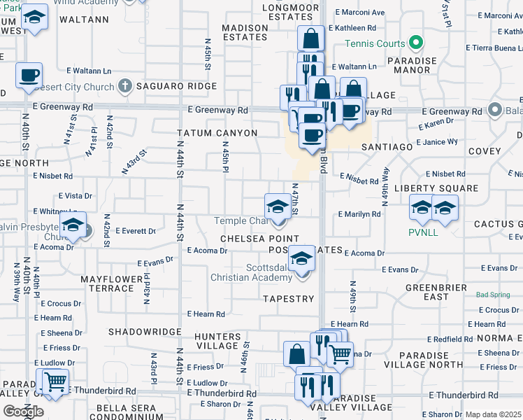 map of restaurants, bars, coffee shops, grocery stores, and more near 14802 North 46th Place in Phoenix