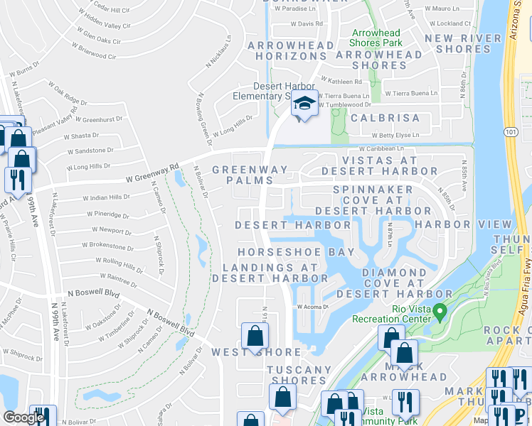 map of restaurants, bars, coffee shops, grocery stores, and more near 15031 North 91st Lane in Peoria