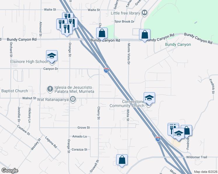 map of restaurants, bars, coffee shops, grocery stores, and more near 22321 Sequoia Circle in Wildomar