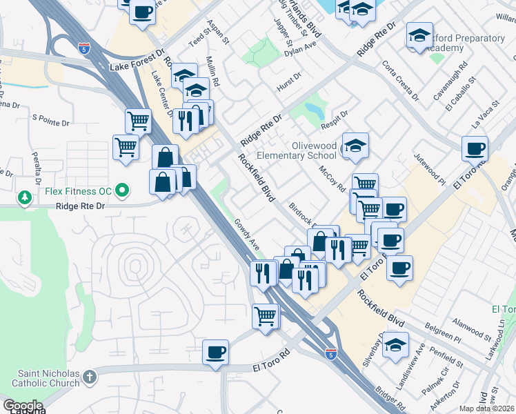 map of restaurants, bars, coffee shops, grocery stores, and more near 23511 Swallow Lane in Lake Forest
