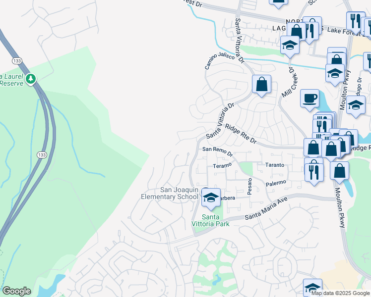 map of restaurants, bars, coffee shops, grocery stores, and more near 5225 Moya in Laguna Woods