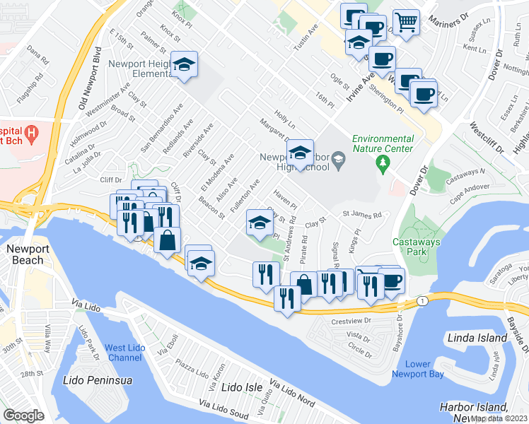 map of restaurants, bars, coffee shops, grocery stores, and more near 1804 Clay Street in Newport Beach