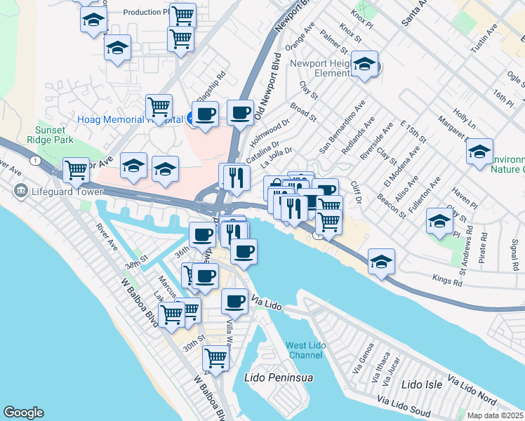 map of restaurants, bars, coffee shops, grocery stores, and more near 3333 West Coast Highway in Newport Beach