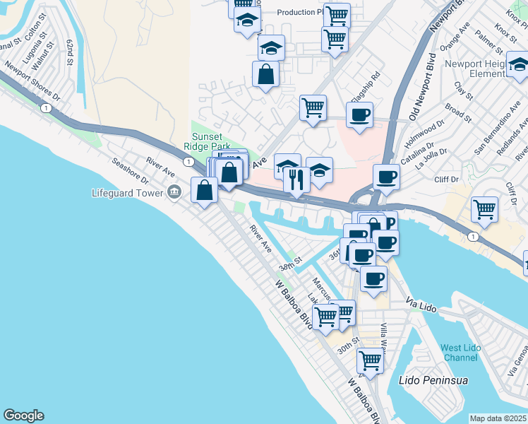 map of restaurants, bars, coffee shops, grocery stores, and more near 7 Balboa Coves in Newport Beach