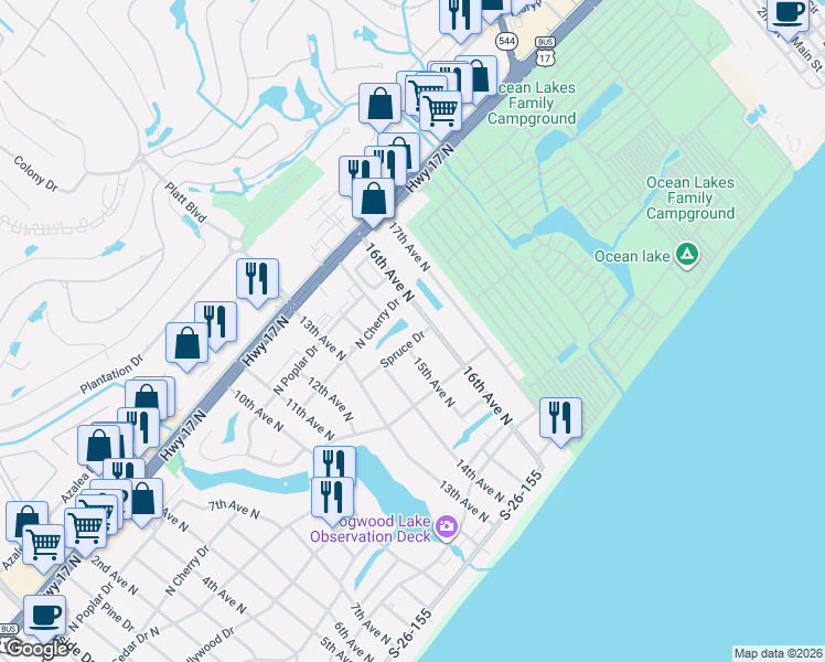 map of restaurants, bars, coffee shops, grocery stores, and more near 1417 North Cherry Drive in Surfside Beach