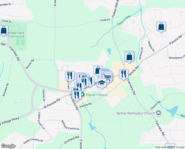 map of restaurants, bars, coffee shops, grocery stores, and more near 50 Wabash Drive in Ellenwood
