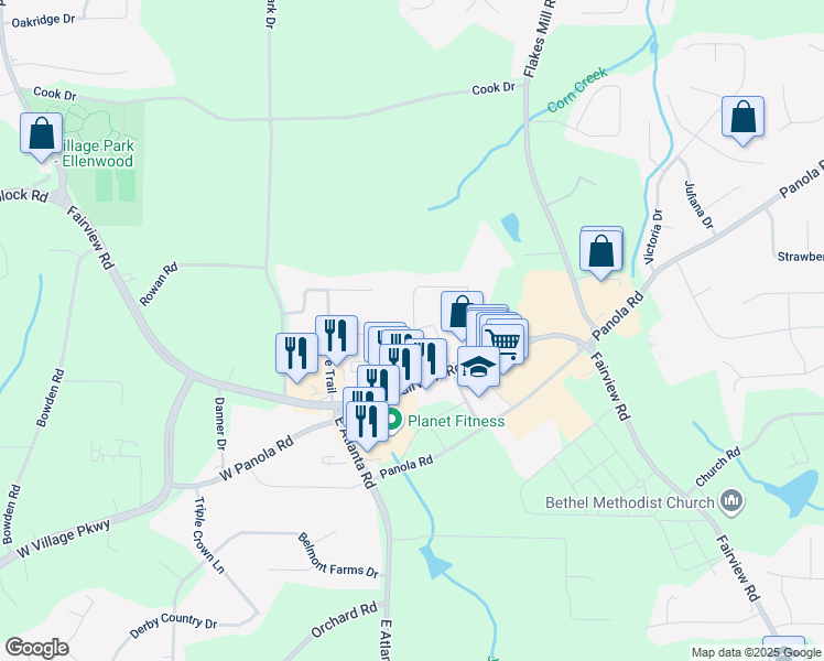 map of restaurants, bars, coffee shops, grocery stores, and more near 71 Wabash Drive in Ellenwood