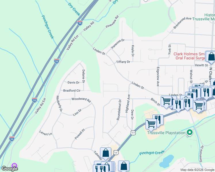 map of restaurants, bars, coffee shops, grocery stores, and more near 216 Ashwood Circle in Trussville