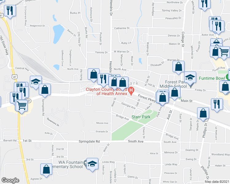map of restaurants, bars, coffee shops, grocery stores, and more near 4869 West Street in Forest Park