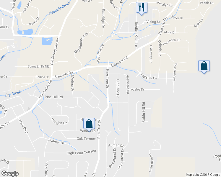 map of restaurants, bars, coffee shops, grocery stores, and more near 1529 Pine Tree Drive in Birmingham