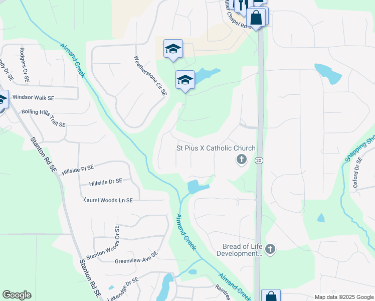 map of restaurants, bars, coffee shops, grocery stores, and more near 2633 Downing Park Southeast in Conyers