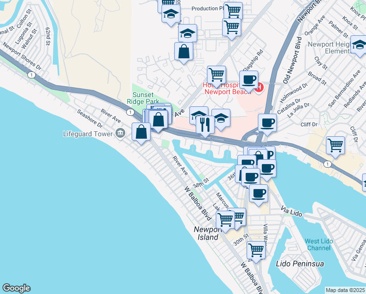 map of restaurants, bars, coffee shops, grocery stores, and more near 7 Balboa Coves in Newport Beach