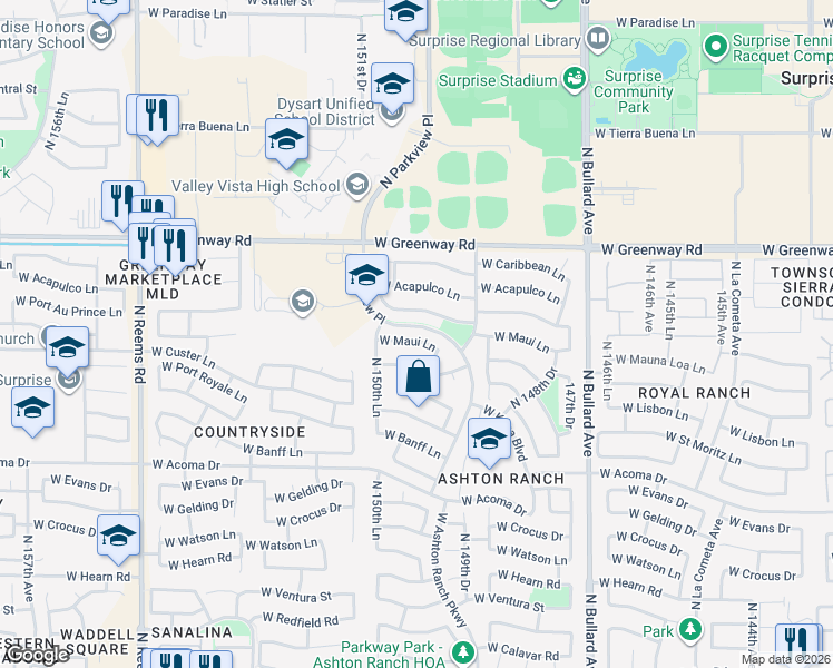 map of restaurants, bars, coffee shops, grocery stores, and more near 14944 West Maui Lane in Surprise
