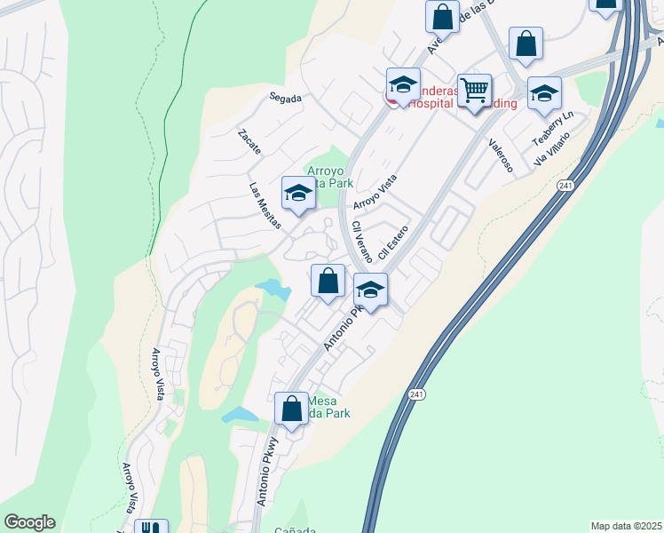 map of restaurants, bars, coffee shops, grocery stores, and more near 45 Vía Ermitas in Rancho Santa Margarita