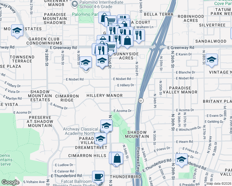 map of restaurants, bars, coffee shops, grocery stores, and more near 3213 East Marilyn Road in Phoenix