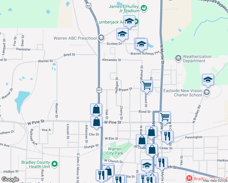 map of restaurants, bars, coffee shops, grocery stores, and more near 427 Halligan Street in Warren