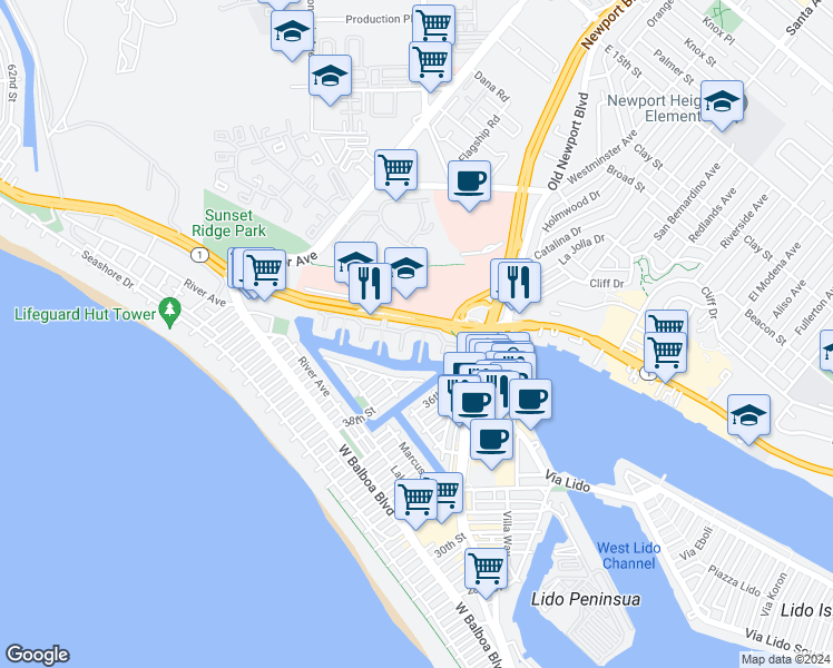 map of restaurants, bars, coffee shops, grocery stores, and more near 49 Balboa Coves in Newport Beach