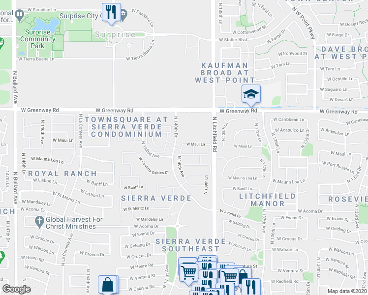 map of restaurants, bars, coffee shops, grocery stores, and more near 13985 West Maui Lane in Surprise