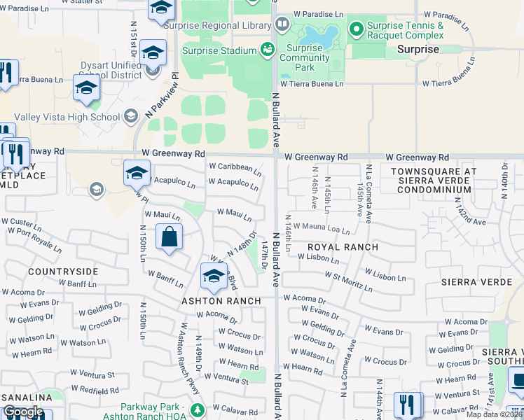 map of restaurants, bars, coffee shops, grocery stores, and more near 15069 North 147th Drive in Surprise